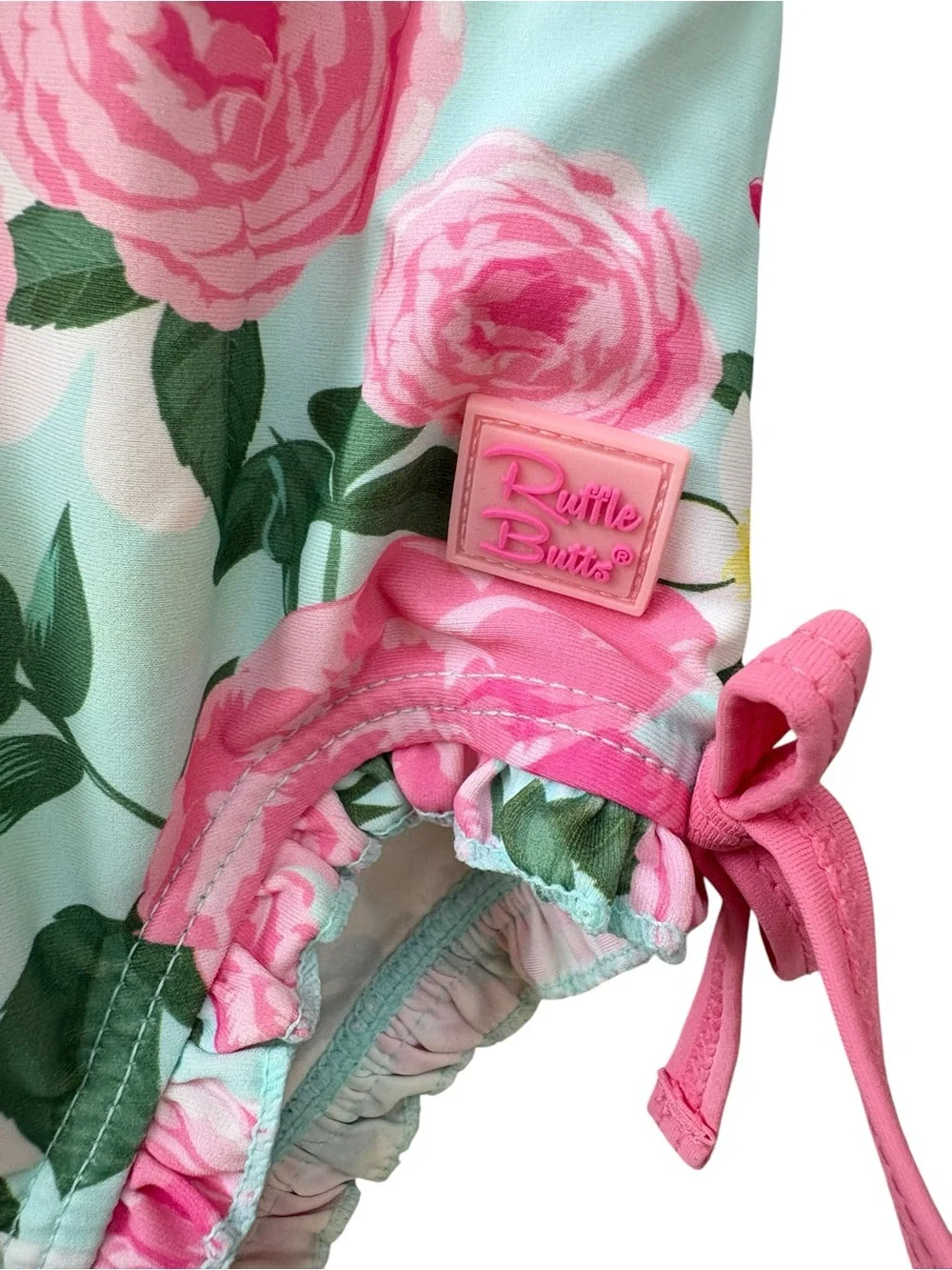 Ruffle Butts Pink Floral Long-Sleeve One-Piece on Aqua